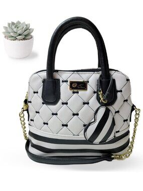 Betsey Johnson Luv Betsey Bow Quilted Satchel Crossbody Bag Black White